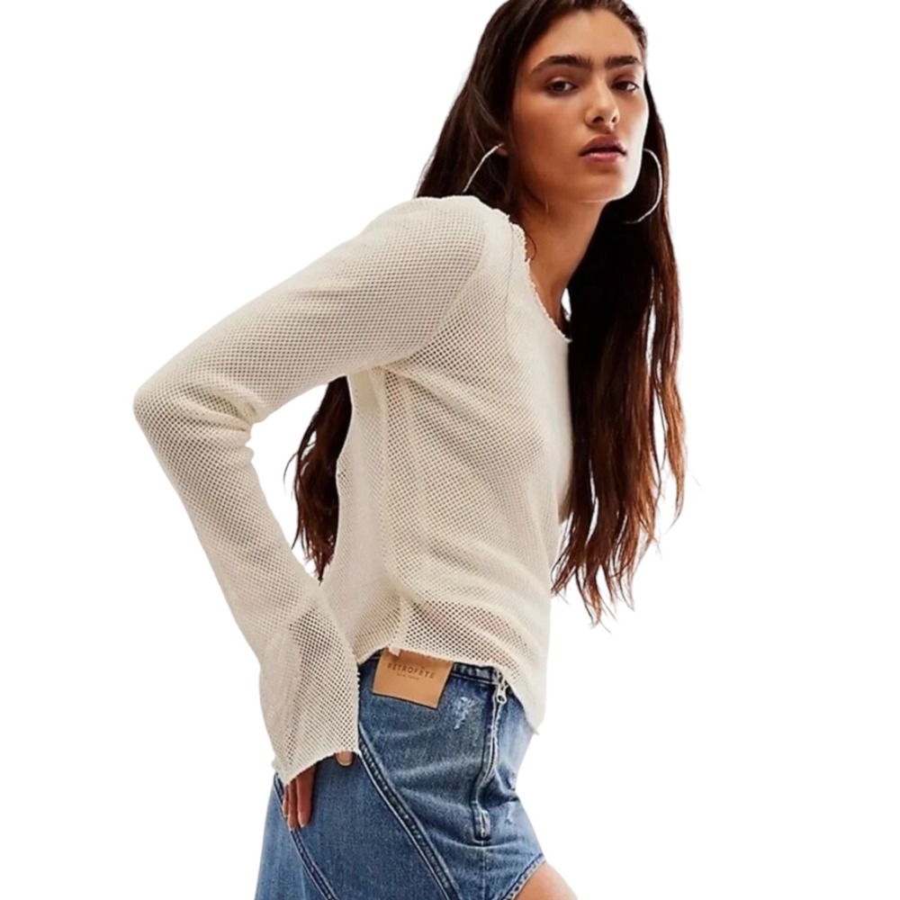 Free People Beau Ivory Mesh Open Knit Long Sleeve Scoop Neck Top XS OB1647781